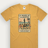 Yellow t-shirt with a graphic design on a white background