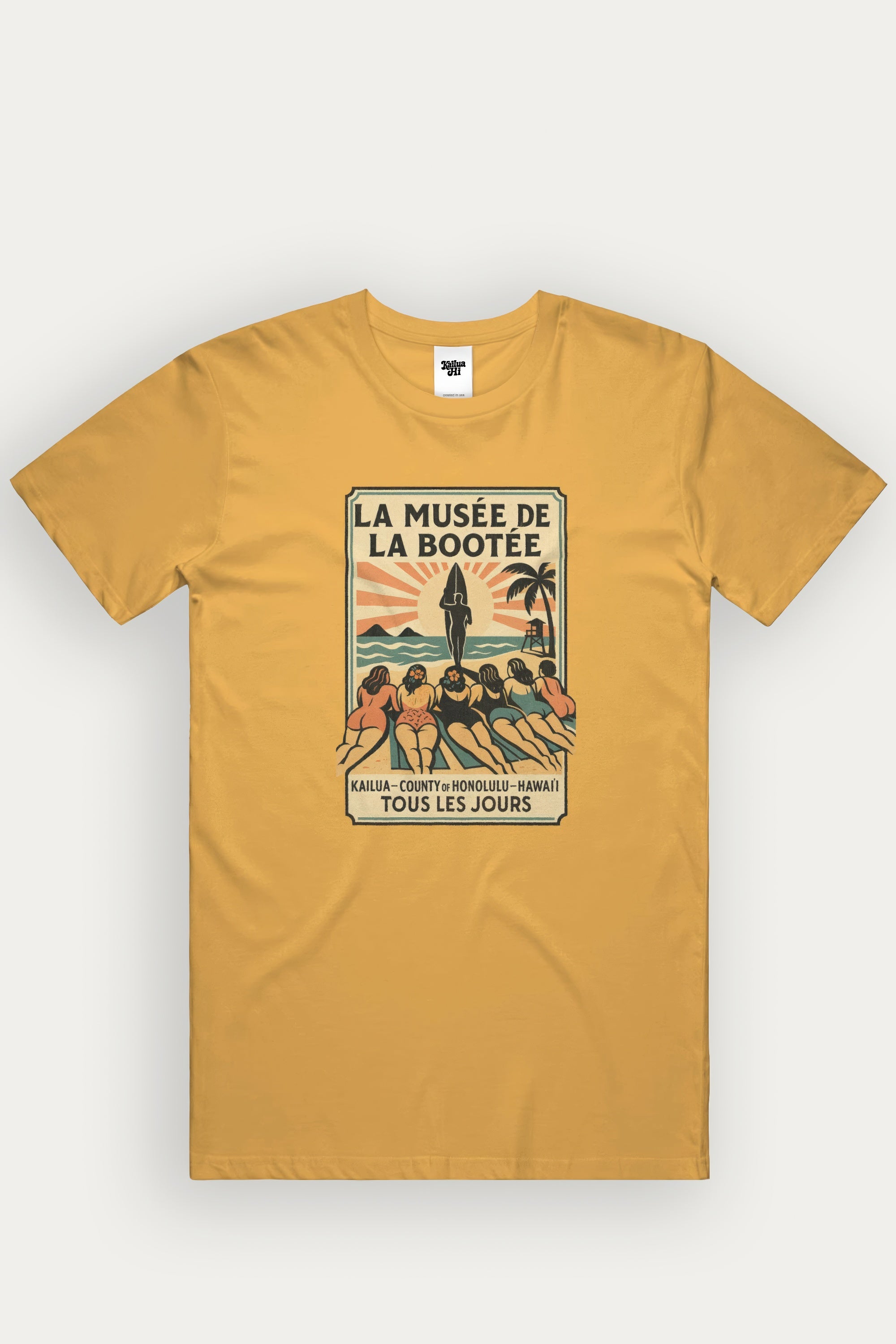 Yellow t-shirt with a graphic design on a white background