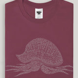 burgundy man-o-peace t-shirt with a white man-o-war design with peace signs on a light gray background