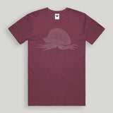 burgundy t-shirt with a white man-o-war with peace signs graphic design on a light gray background