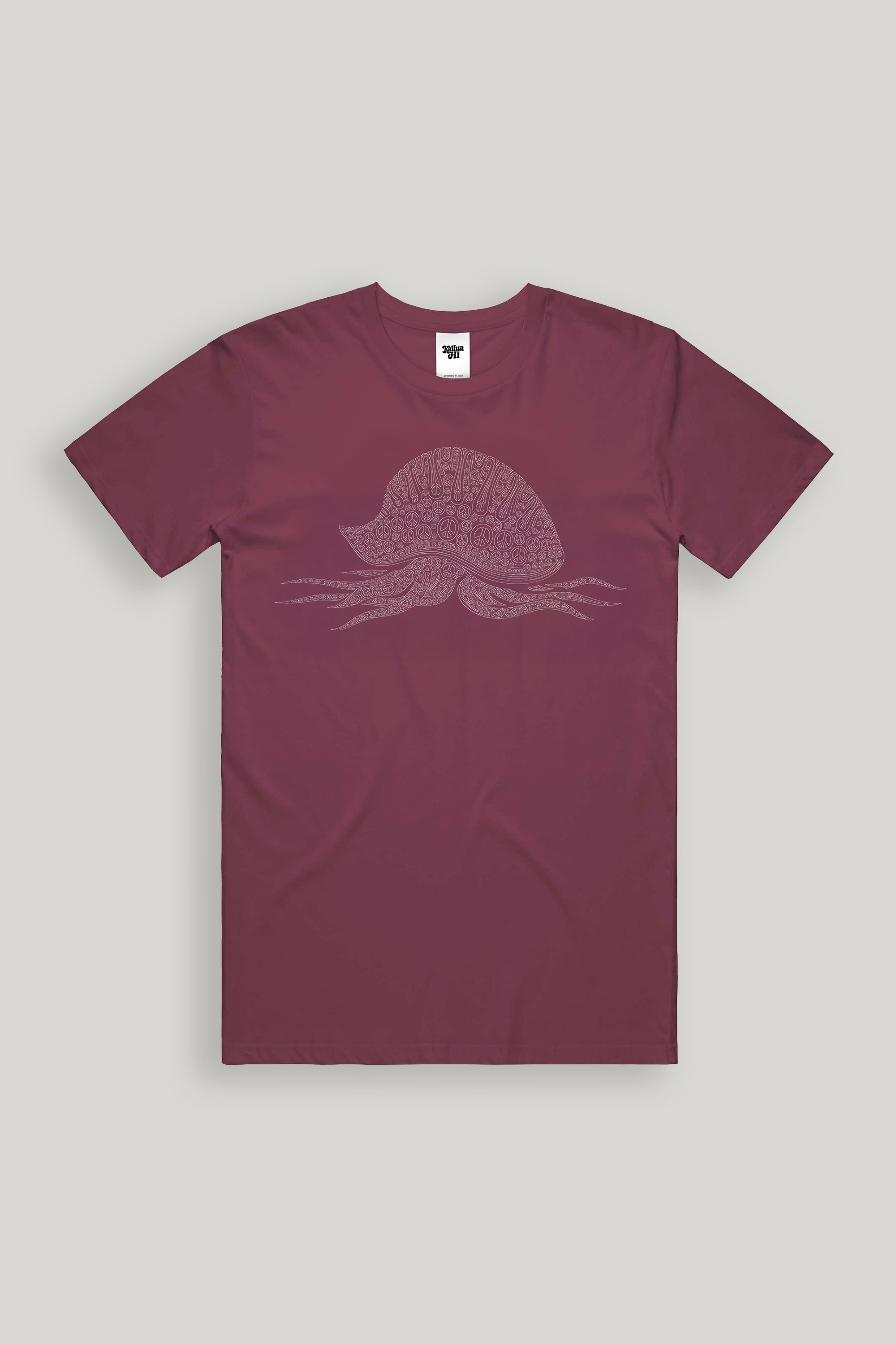 burgundy t-shirt with a white man-o-war with peace signs graphic design on a light gray background