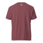 back flat lay of brick-red garment-dyed tee showing small kailua hi mark at back neck