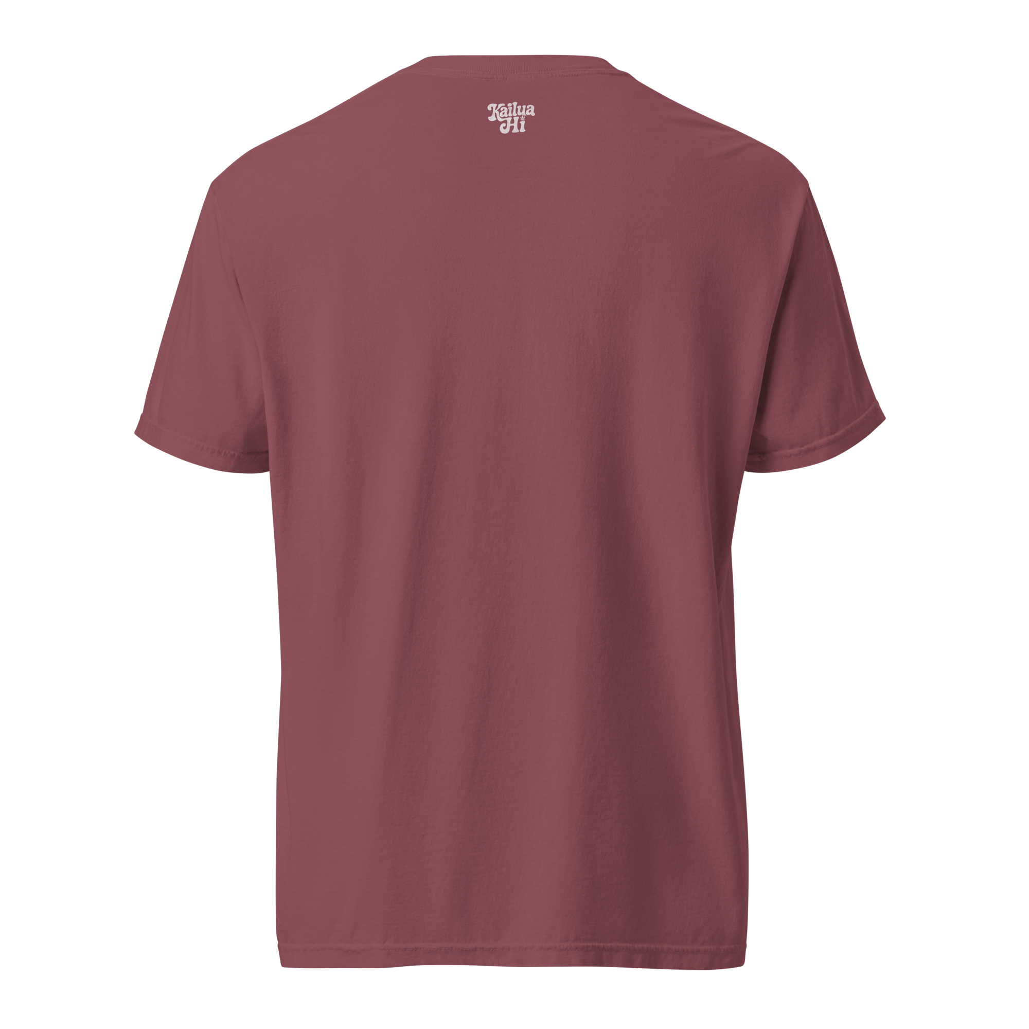 back flat lay of brick-red garment-dyed tee showing small kailua hi mark at back neck
