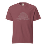 front flat lay of brick-red garment-dyed tee with centered man-o-war peace motif