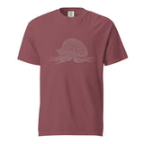 front flat lay of brick-red garment-dyed tee with centered man-o-war peace motif