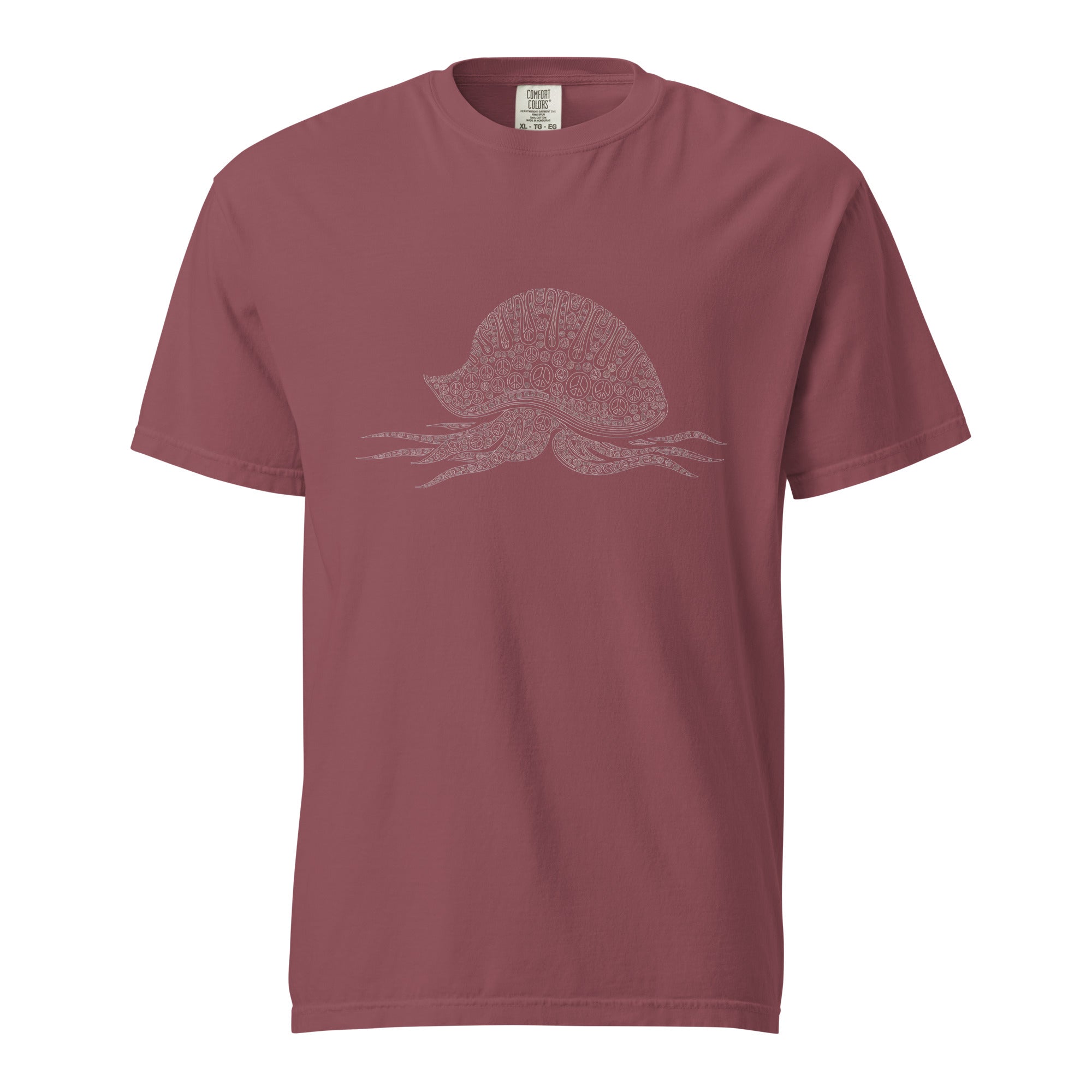 front flat lay of brick-red garment-dyed tee with centered man-o-war peace motif
