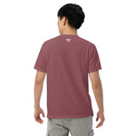 back view of model in brick-red tee; small kailua hi neck print, no back graphic