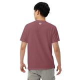 back view of model in brick-red tee; small kailua hi neck print, no back graphic
