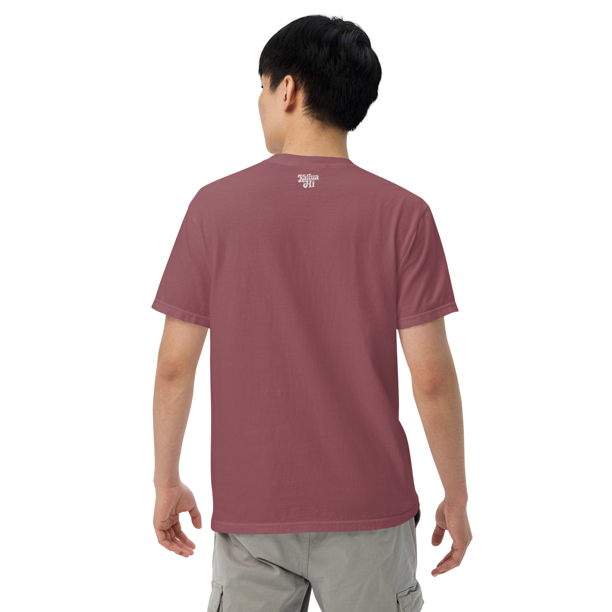 back view of model in brick-red tee; small kailua hi neck print, no back graphic