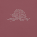 close-up of brick-red fabric showing fine line man-o-war peace illustration 