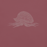 close-up of brick-red fabric showing fine line man-o-war peace illustration 