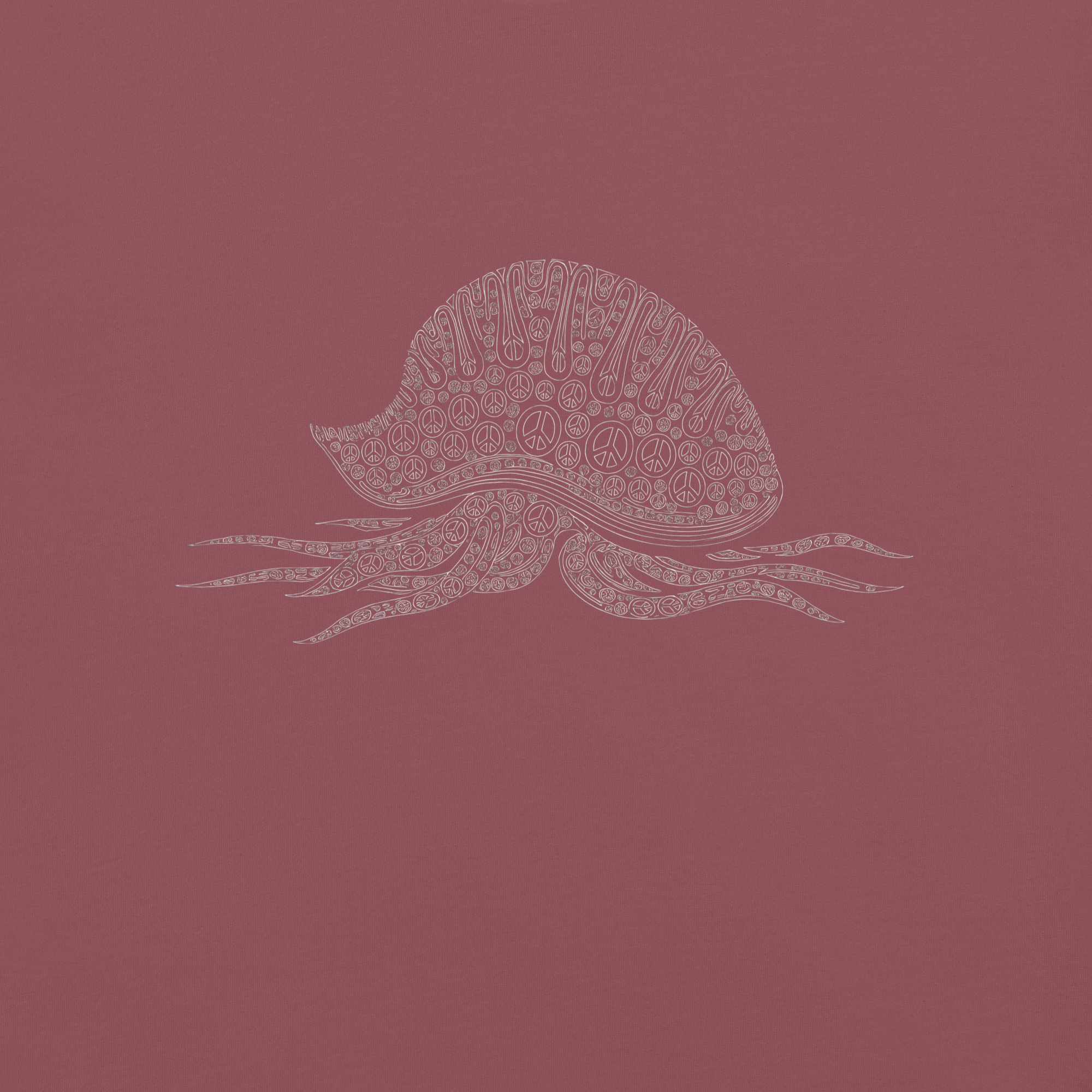 close-up of brick-red fabric showing fine line man-o-war peace illustration 