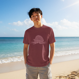 man on kailua beach wearing brick-red garment-dyed tee with subtle man-o-war peace graphic on chest