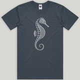 grey-ish blue t-shirt with a white seahorse design on a light gray background