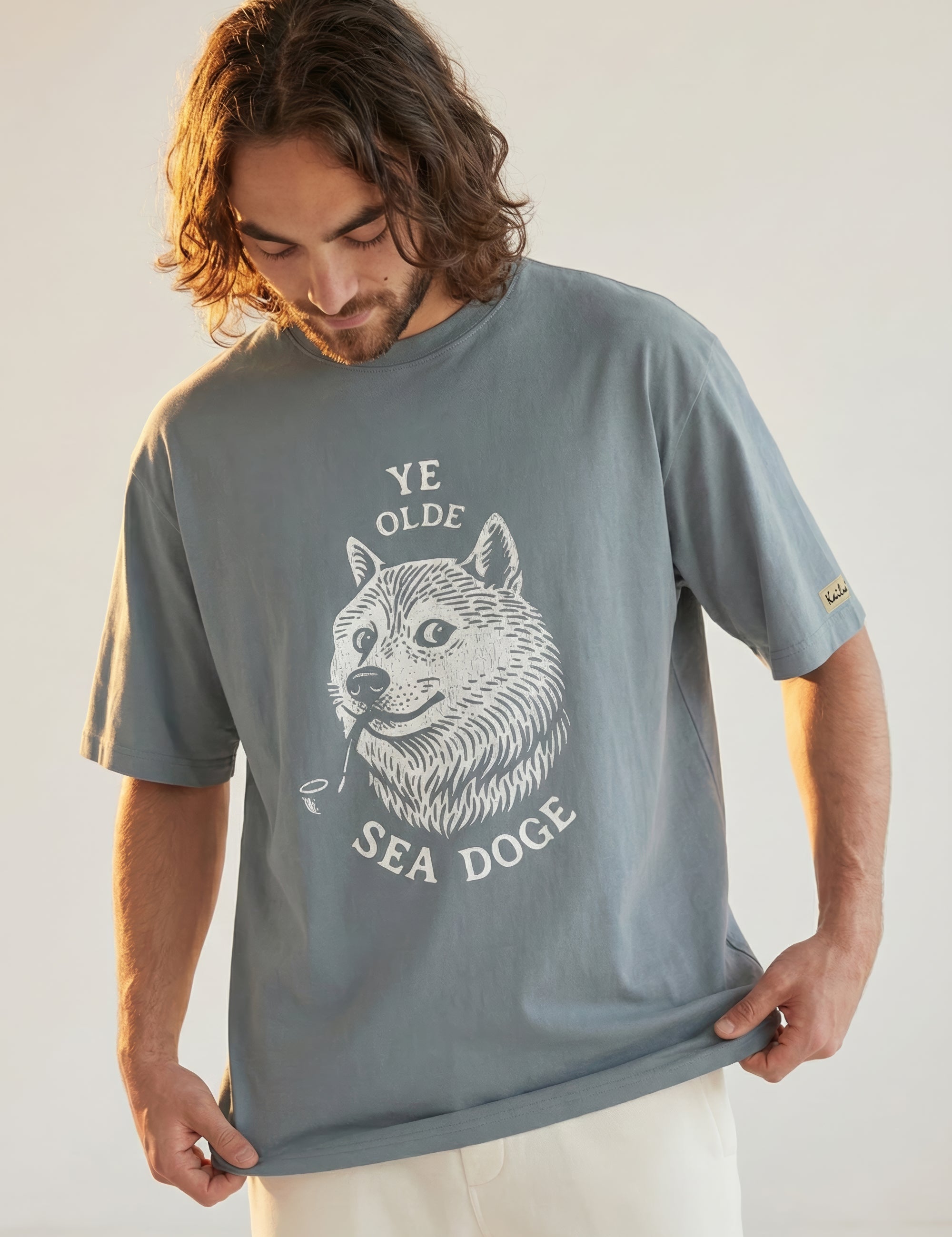 Man wearing a grayish blue t-shirt with a doge graphic and text against a plain background