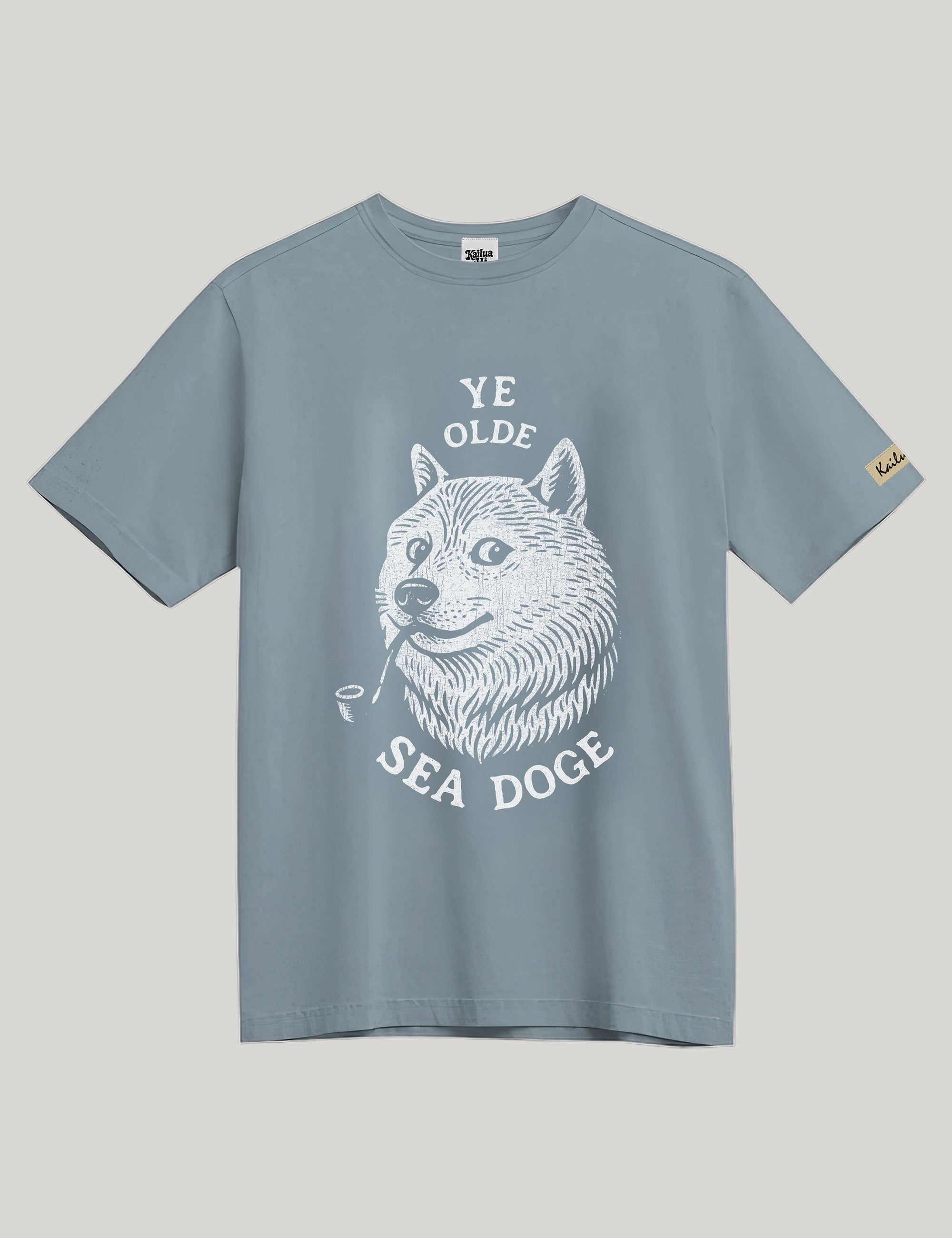greyish blue t-shirt with a graphic of a doge and text on a gray background