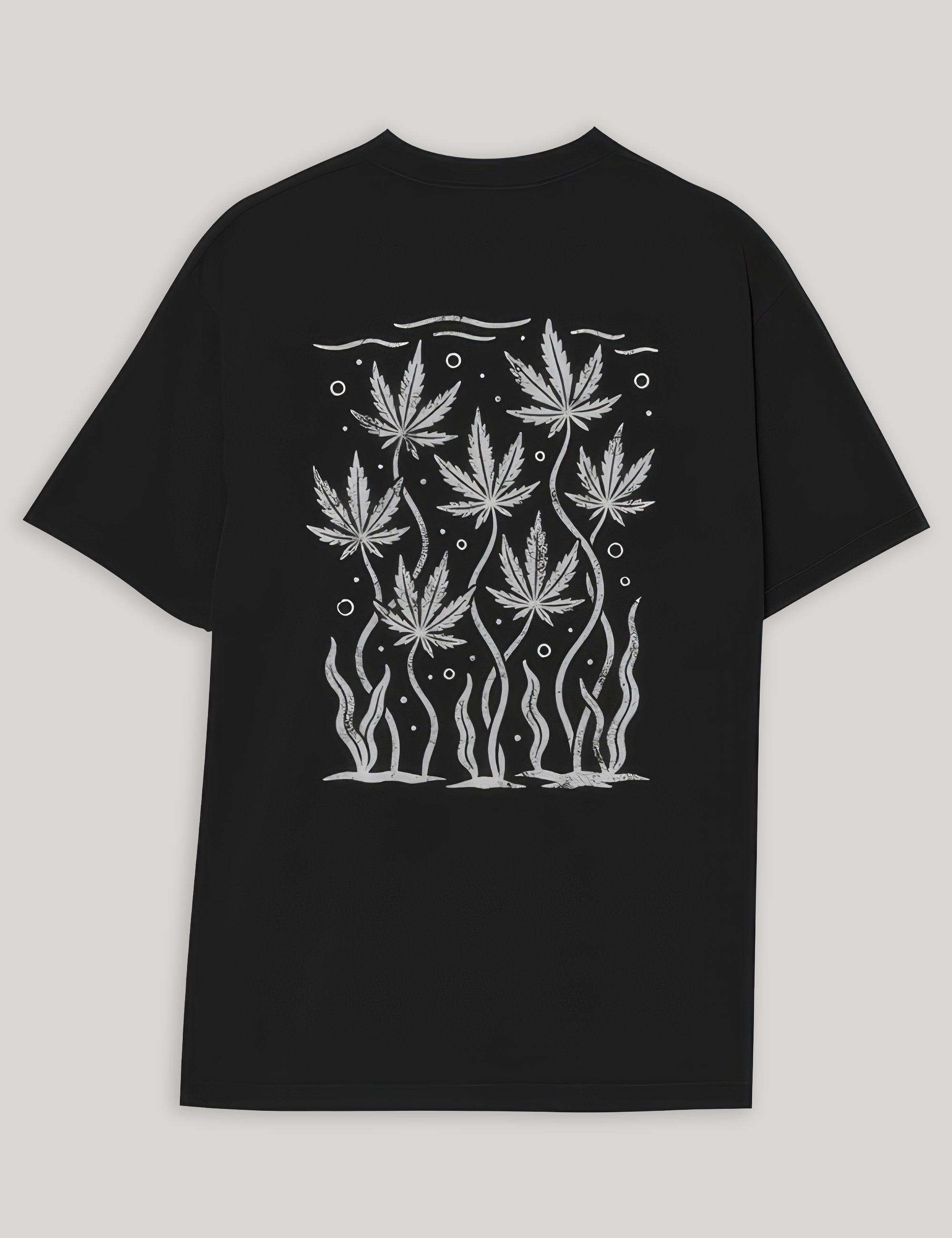 Black t-shirt with white cannabis leaf design on a light gray background