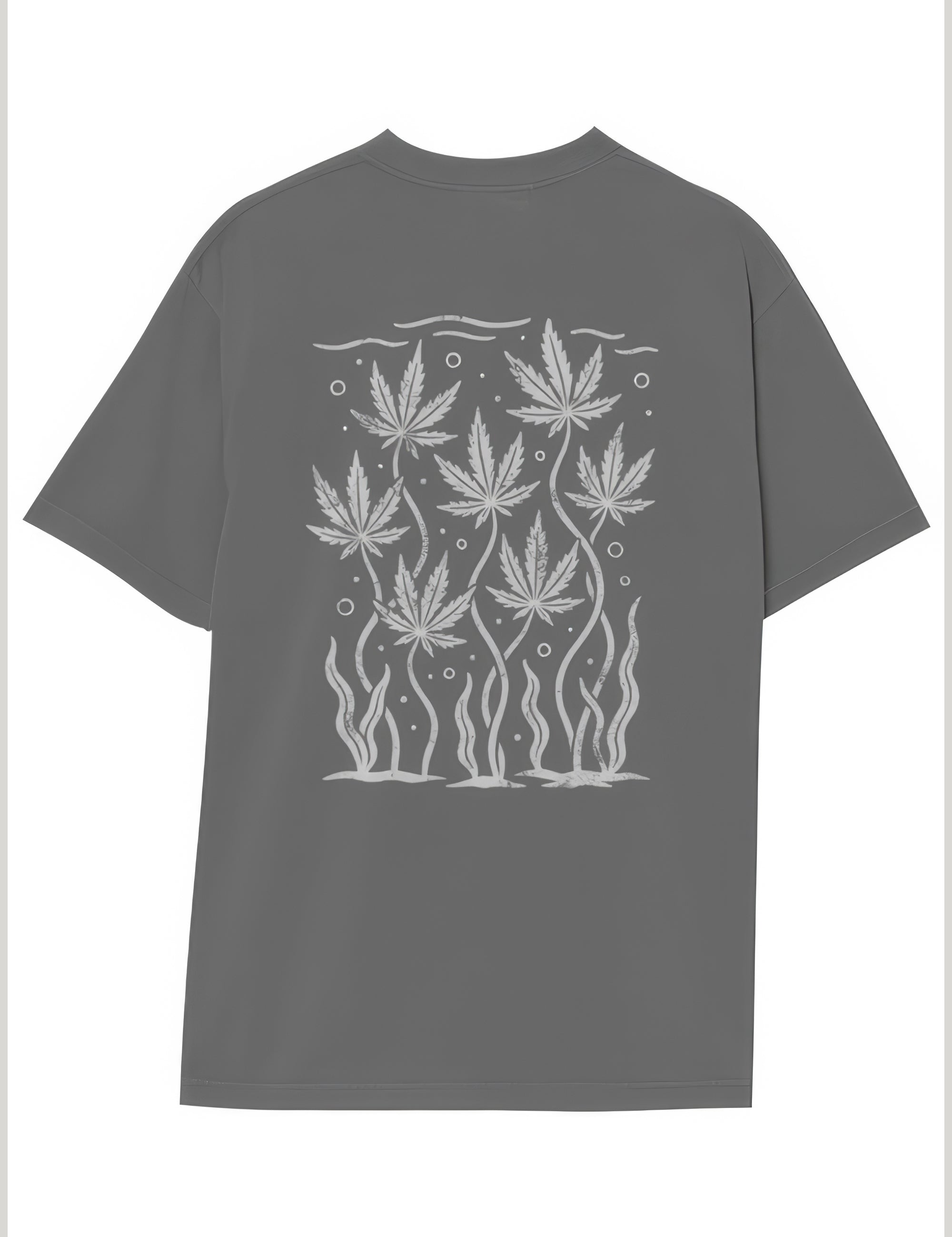 Gray t-shirt with white cannabis leaf design on a plain background