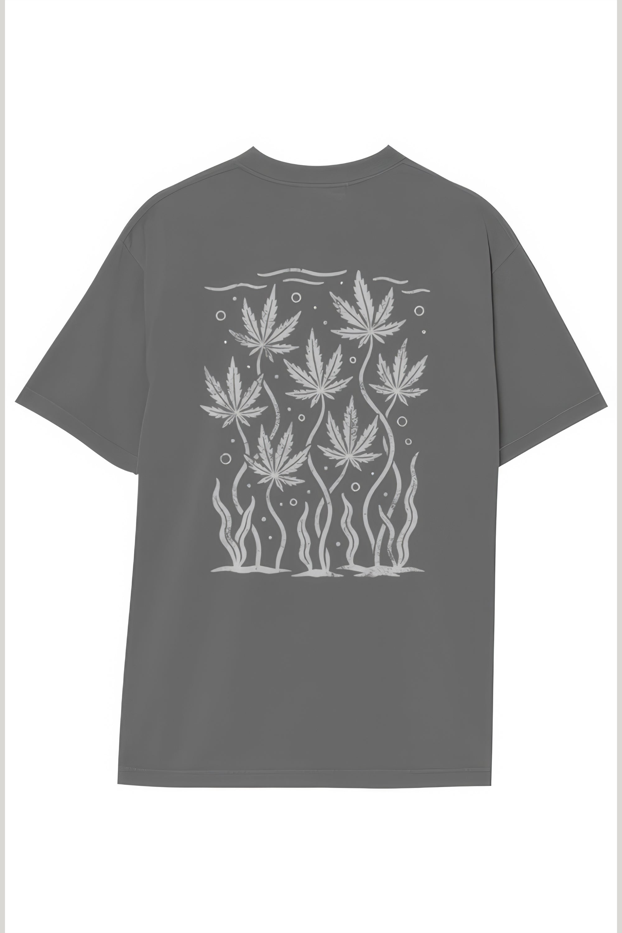 Gray t-shirt with white cannabis leaf design on a plain background