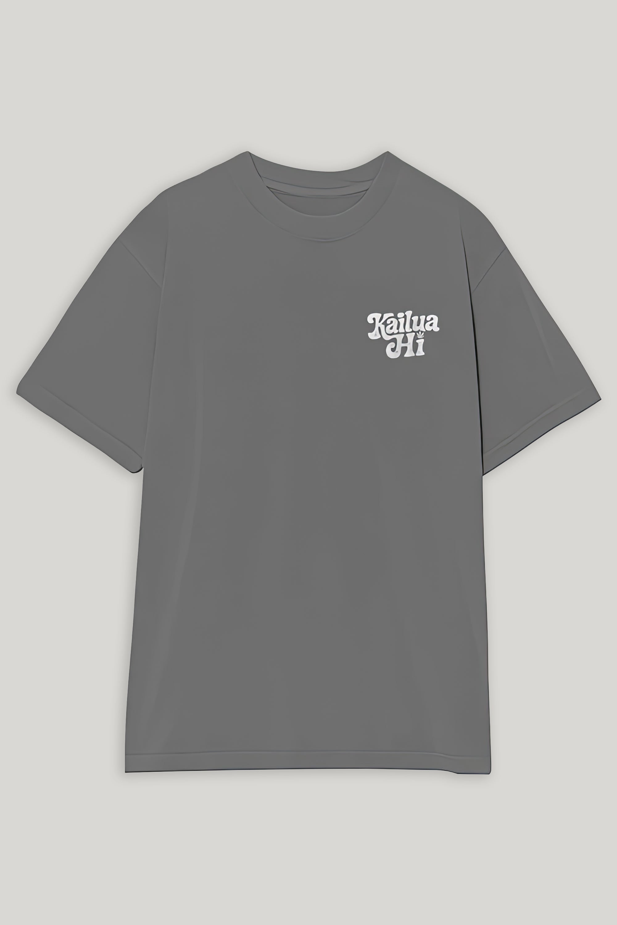 Gray t-shirt with white kailua hi logo on a light gray background