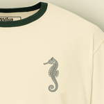 close-up of forest-green rib neckline and forest green seahorse print texture