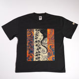 Black t-shirt with a colorful abstract design on a white background