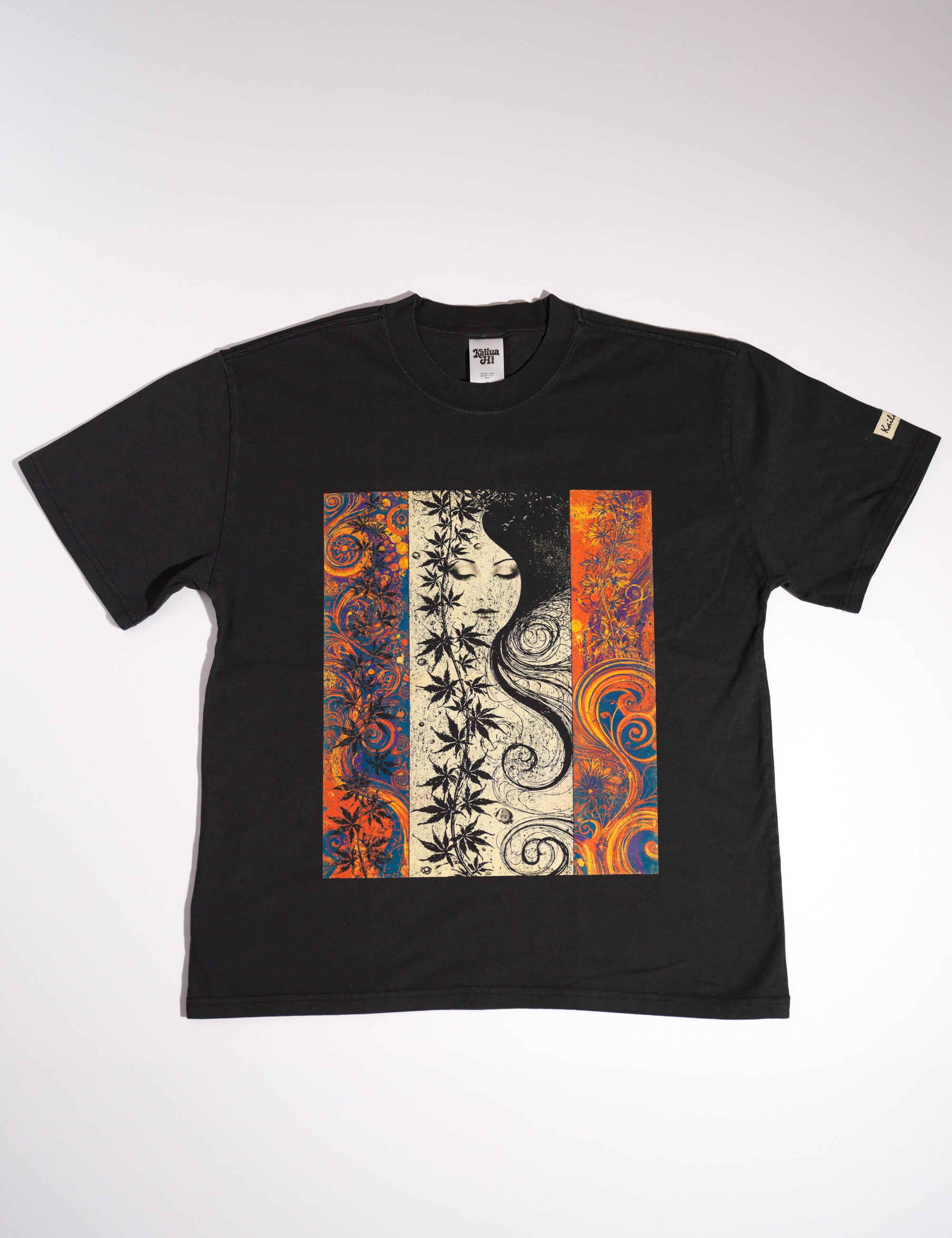 Black t-shirt with a colorful abstract design on a white background