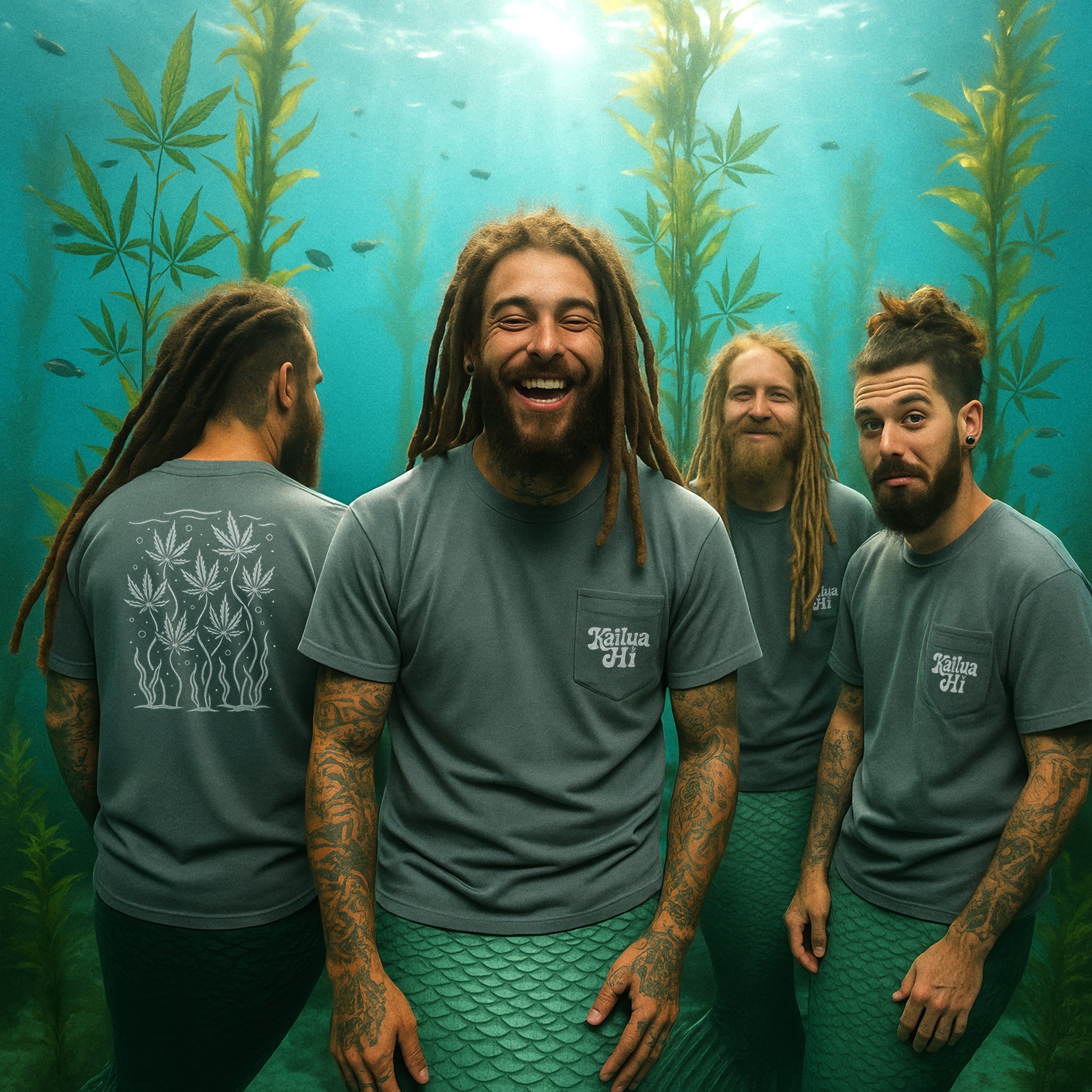 playful underwater-style scene: group of men in grey pocket tees styled as mermen, smiling among tall seaweed fronds