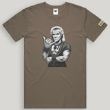 Brown shaka khan  t-shirt with graphic design of a person making a shaka hand gesture on a light gray background