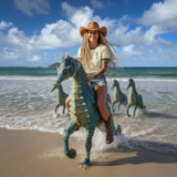 playful beach shot—rider on seahorse sculpture wearing natural/forest ringer tee