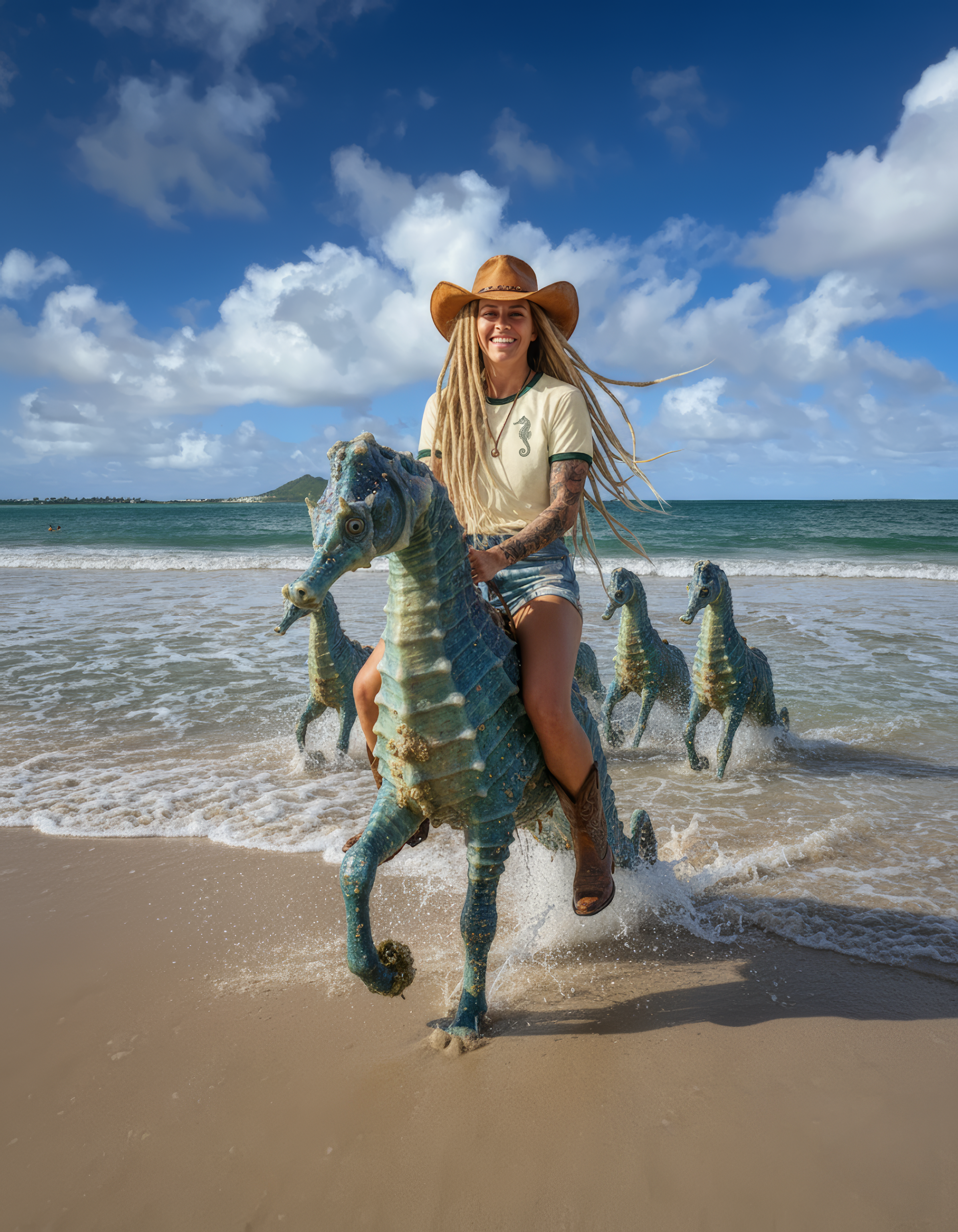 playful beach shot—rider on seahorse sculpture wearing natural/forest ringer tee