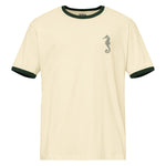 front view of natural/forest ringer tee with forest green seahorse print at left chest
