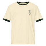 front view of natural/forest ringer tee with forest green seahorse print at left chest