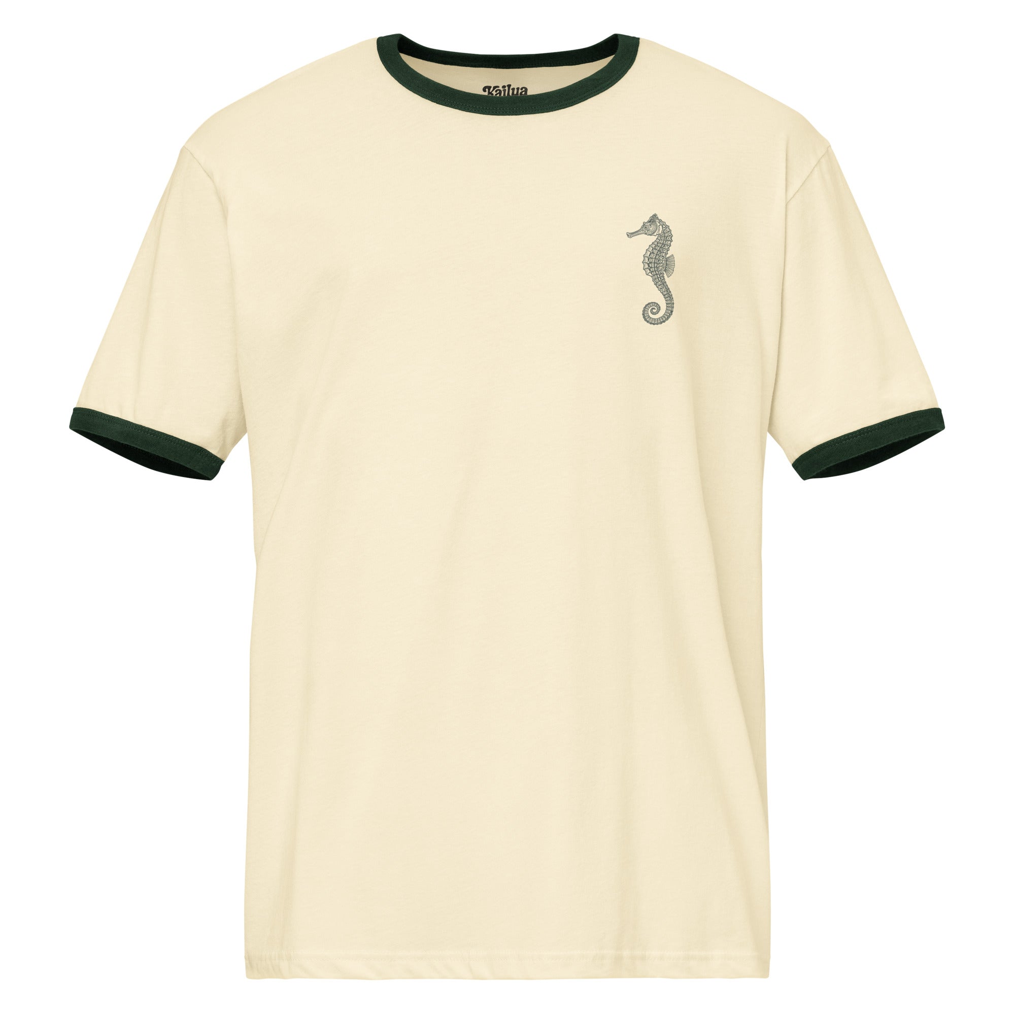 front view of natural/forest ringer tee with forest green seahorse print at left chest