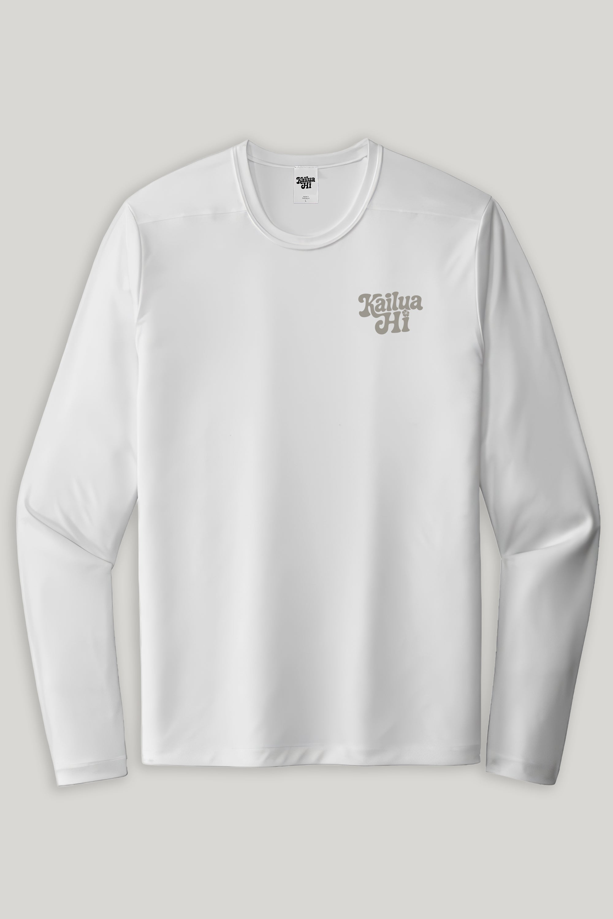 White long-sleeve shirt with Kailua High logo on a gray background