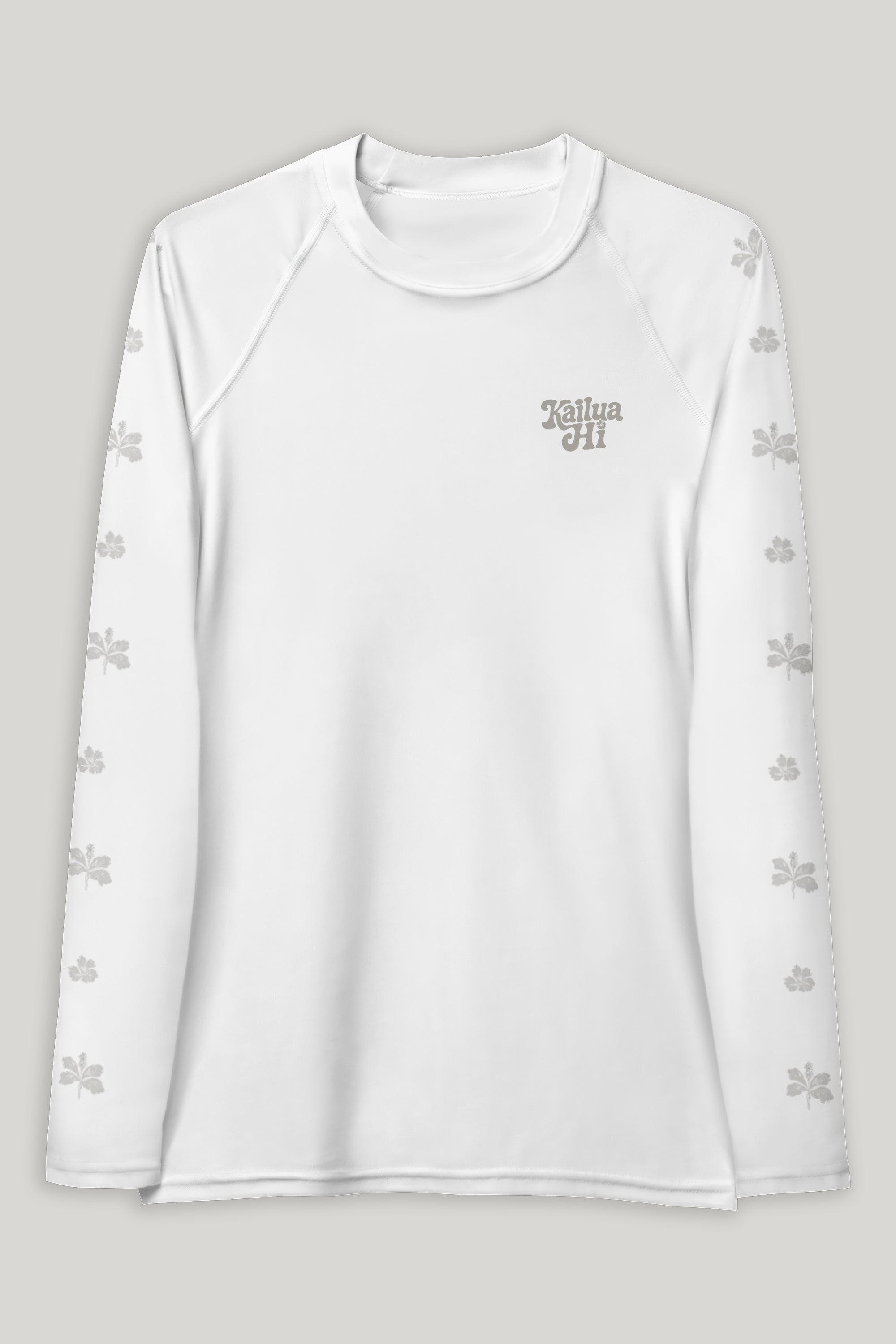White long-sleeve shirt with a Kailua Hi logo on a gray background