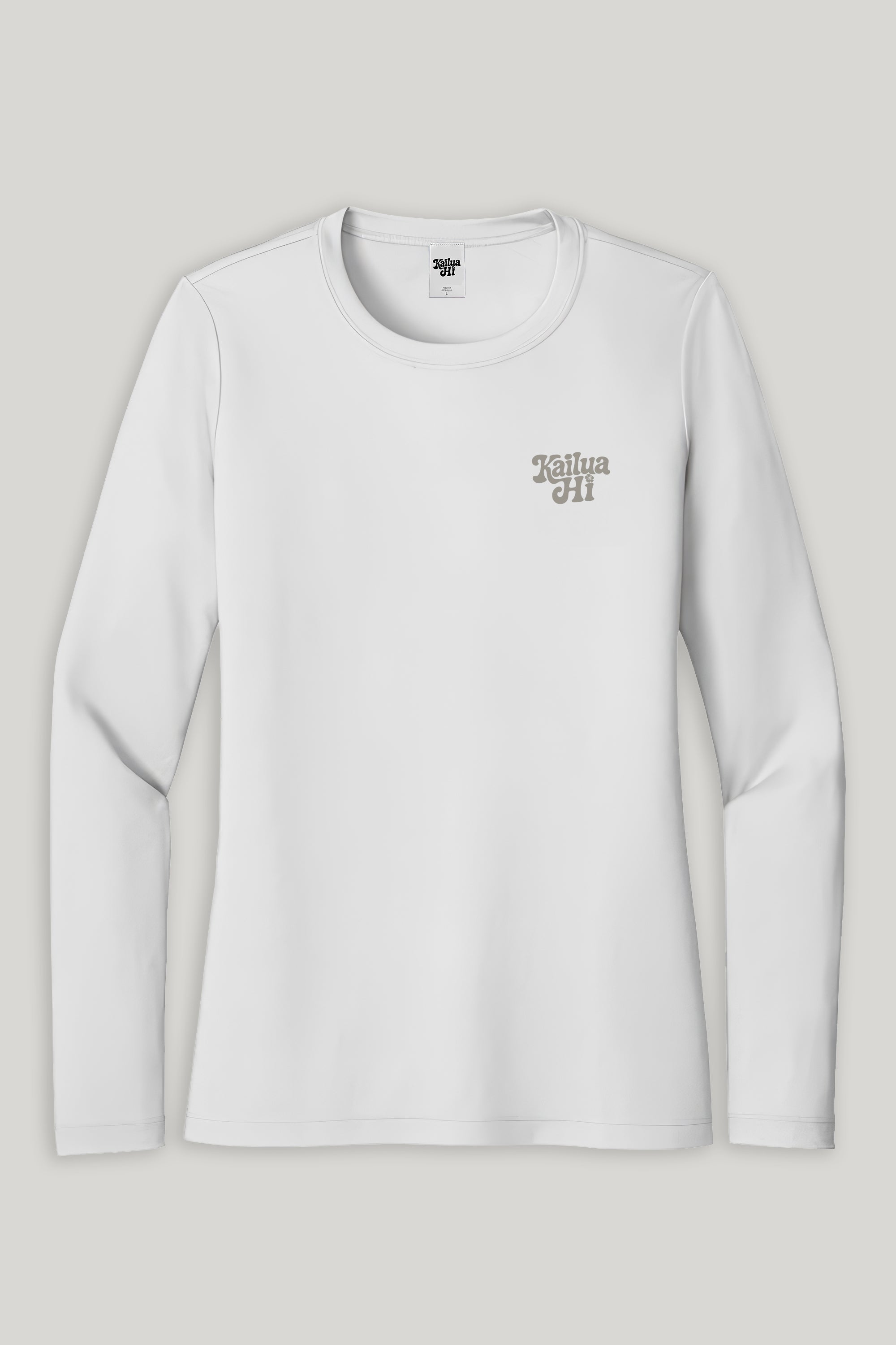 White long-sleeve shirt with a Kailua Hi logo on a light gray background