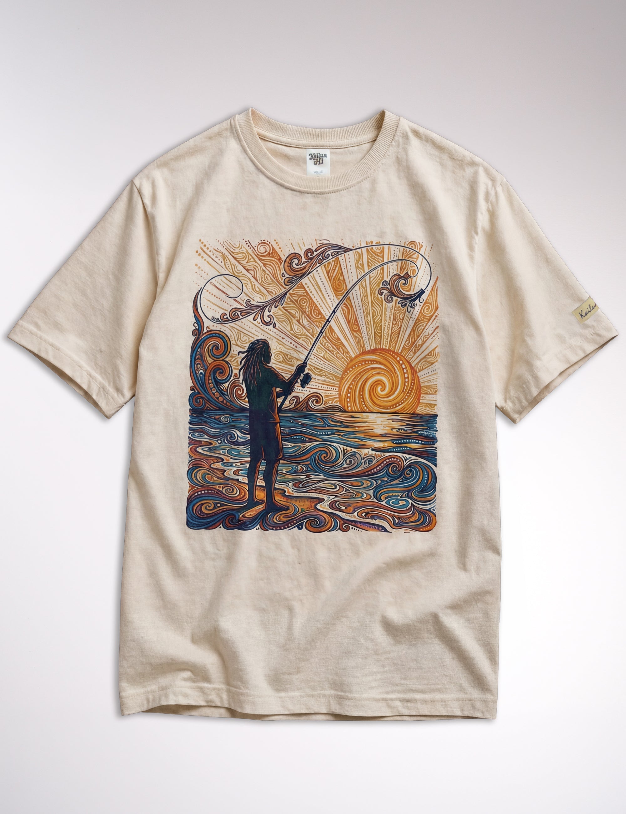 Beige t-shirt with a graphic design of a person fishing at sunset on a white background