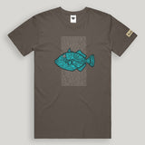 Brown t-shirt with a blue fish graphic on a gray background