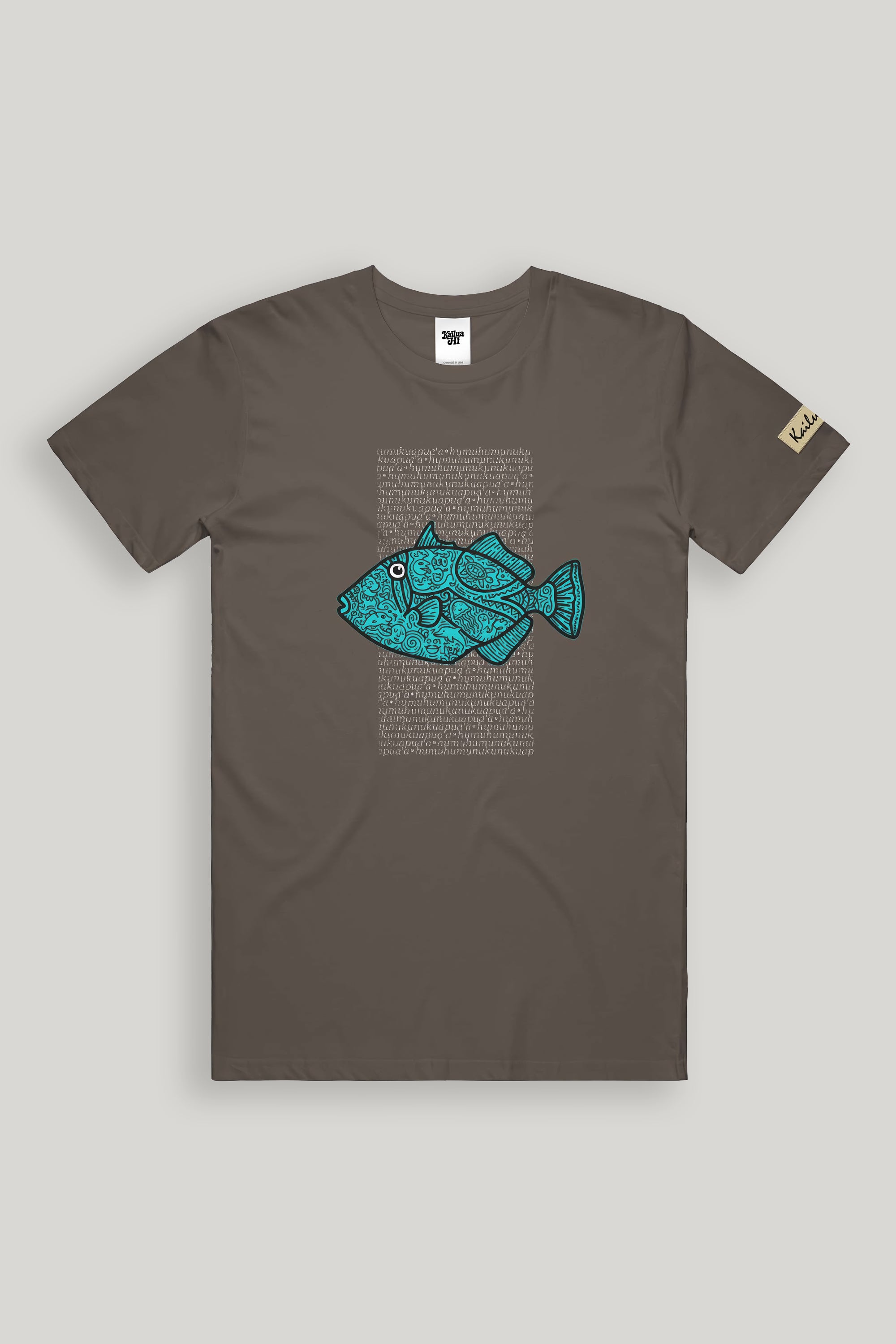 Brown t-shirt with a blue fish graphic on a gray background