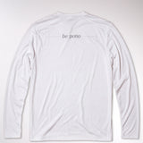 kailua hi surf tees be pono men's long sleeve upf 50 sunshirt in white – studio flat lay product shot of the back of the shirt. features the minimalist text be pono printed across the shoulders with clean horizontal accent lines, showcasing the relaxed performance fabric build and athletic crew neck against a neutral background