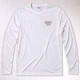 kailua hi surf tees be pono men's long sleeve upf 50 sunshirt in white – studio flat lay product shot of the front of the shirt. features a retro gray script kailua hi logo printed on the left chest, an athletic crew neckline, and a visible interior kailua hi woven neck label, showcasing the clean texture of the performance uv protective fabric against a neutral background