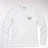 kailua hi surf tees be pono women's long sleeve upf 50 sunshirt in white – studio flat lay product shot of the front of the shirt. features a retro gray script kailua hi logo printed on the left chest, an athletic crew neckline, and a visible interior kailua hi woven neck label, showcasing the clean texture of the performance uv protective fabric against a neutral background