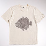 kailua hi surf tees humuhumu men's luxe tee in pearl brown – studio flat lay product shot showing the full front graphic. features a large brown intricate tribal woodcut style illustration of a humuhumu fish with swirling geometric patterns. includes a relaxed crew neckline, interior kailua hi woven neck label, and custom sleeve tag against a neutral background
