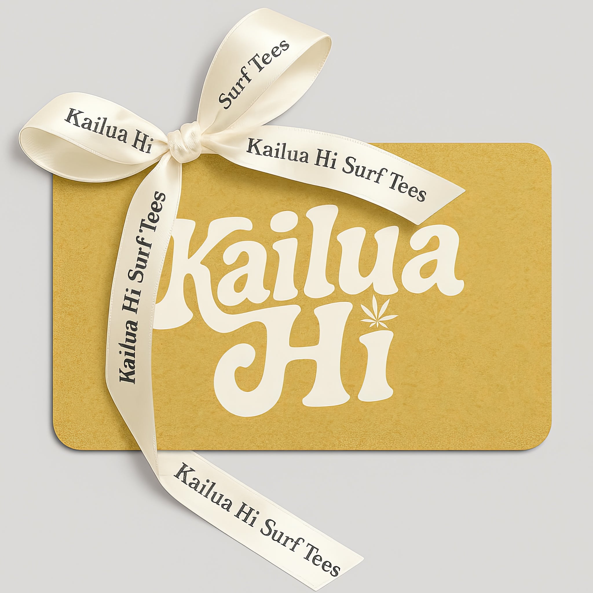 kailua hi surf tees online e-gift card – digital gift card mockup featuring a textured gold card with rounded corners and a large retro white kailua hi logo in the center. an off-white cream satin ribbon is tied in a bow around the top left corner, printed with the text kailua hi surf tees in a black font, set against a clean neutral light gray background