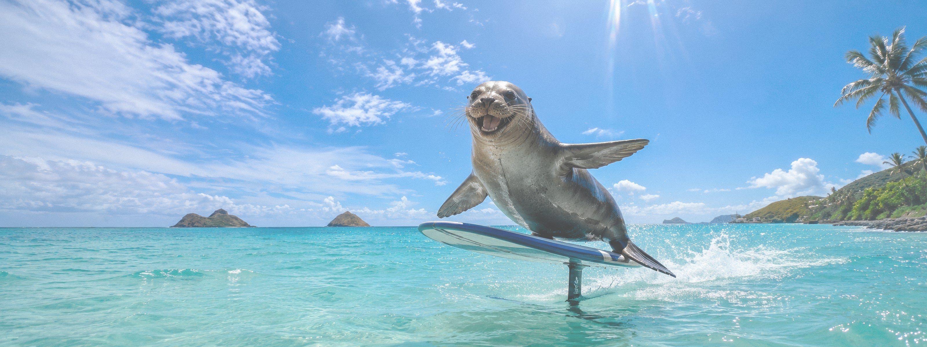 a seal is standing on a foil surfboard surfing at kailua beach