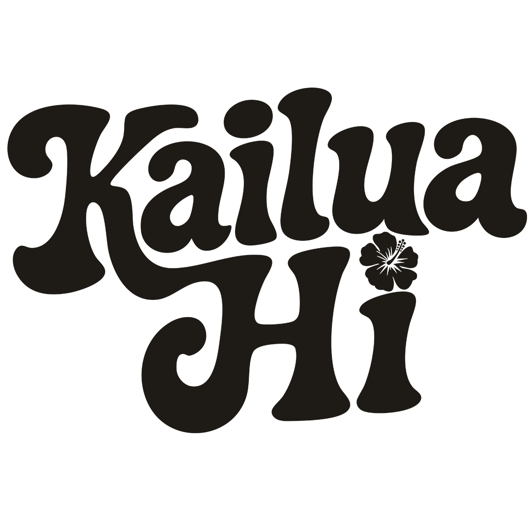 Black 'Kailua HI' text with a flower on a white background