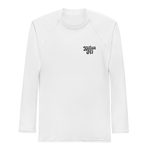 front flat lay of white men’s rash guard with long sleeves and small kailua hi chest mark