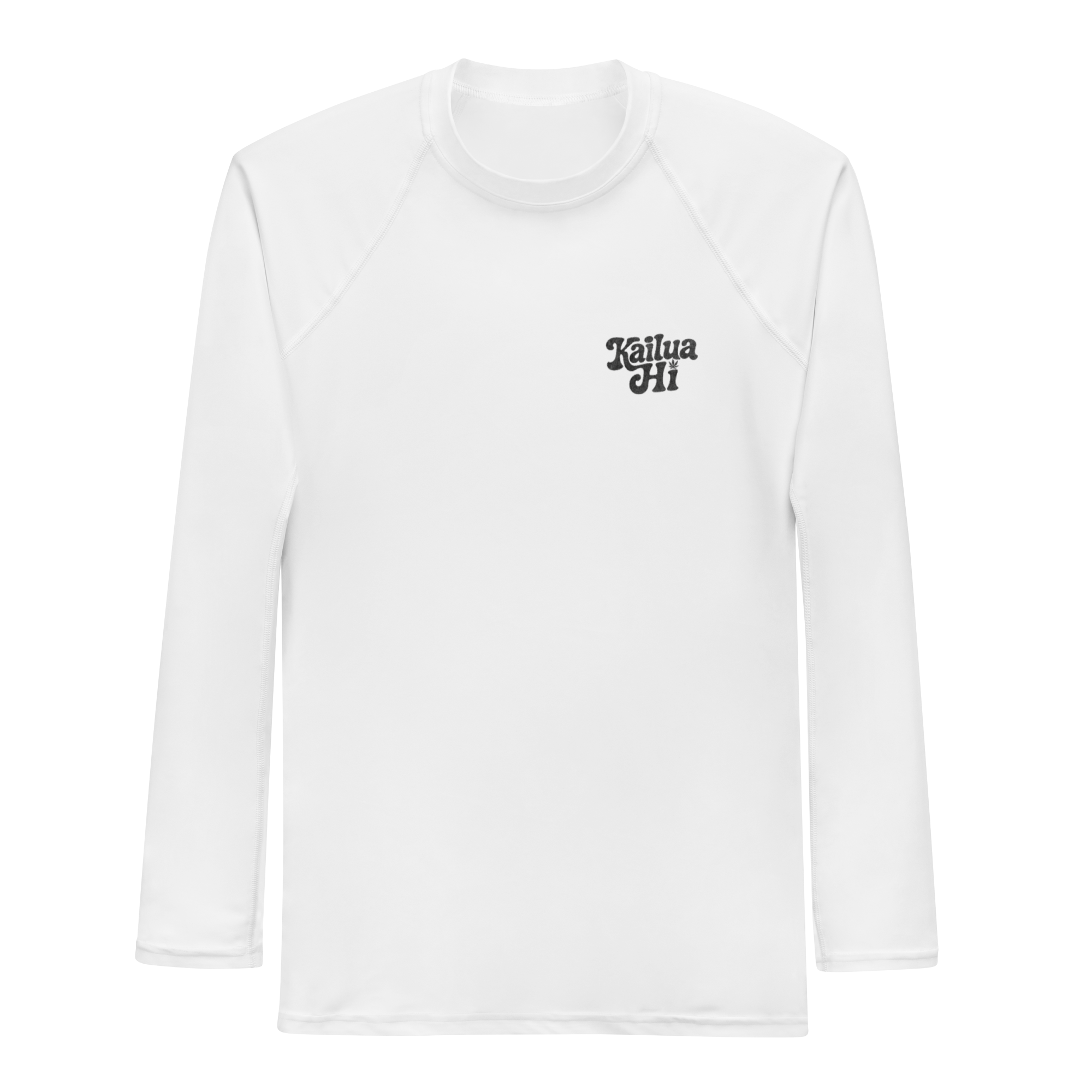 front flat lay of white men’s rash guard with long sleeves and small kailua hi chest mark