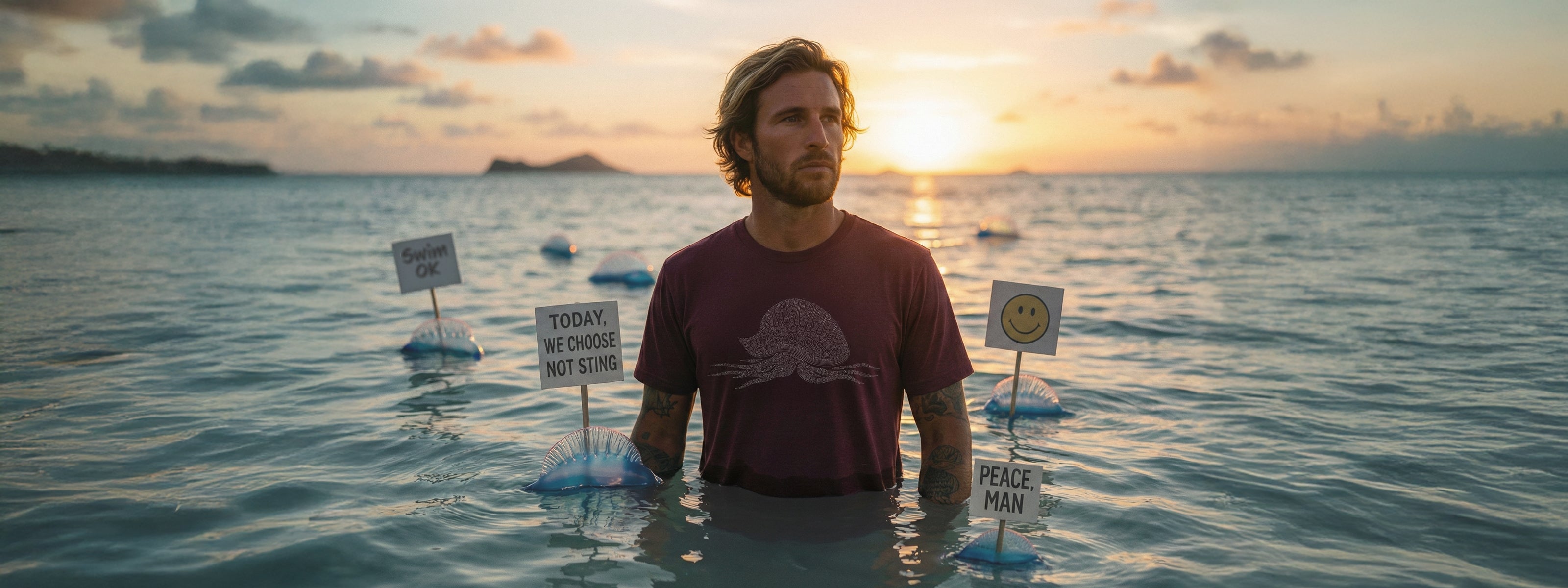 Man standing in water wearing the burgundy man-o-peace shirt with a white graphic of a man-o-war with peace signs surround by man-o-war with floating signs saying "peace man" "swim ok" and "today we not sting" at sunset